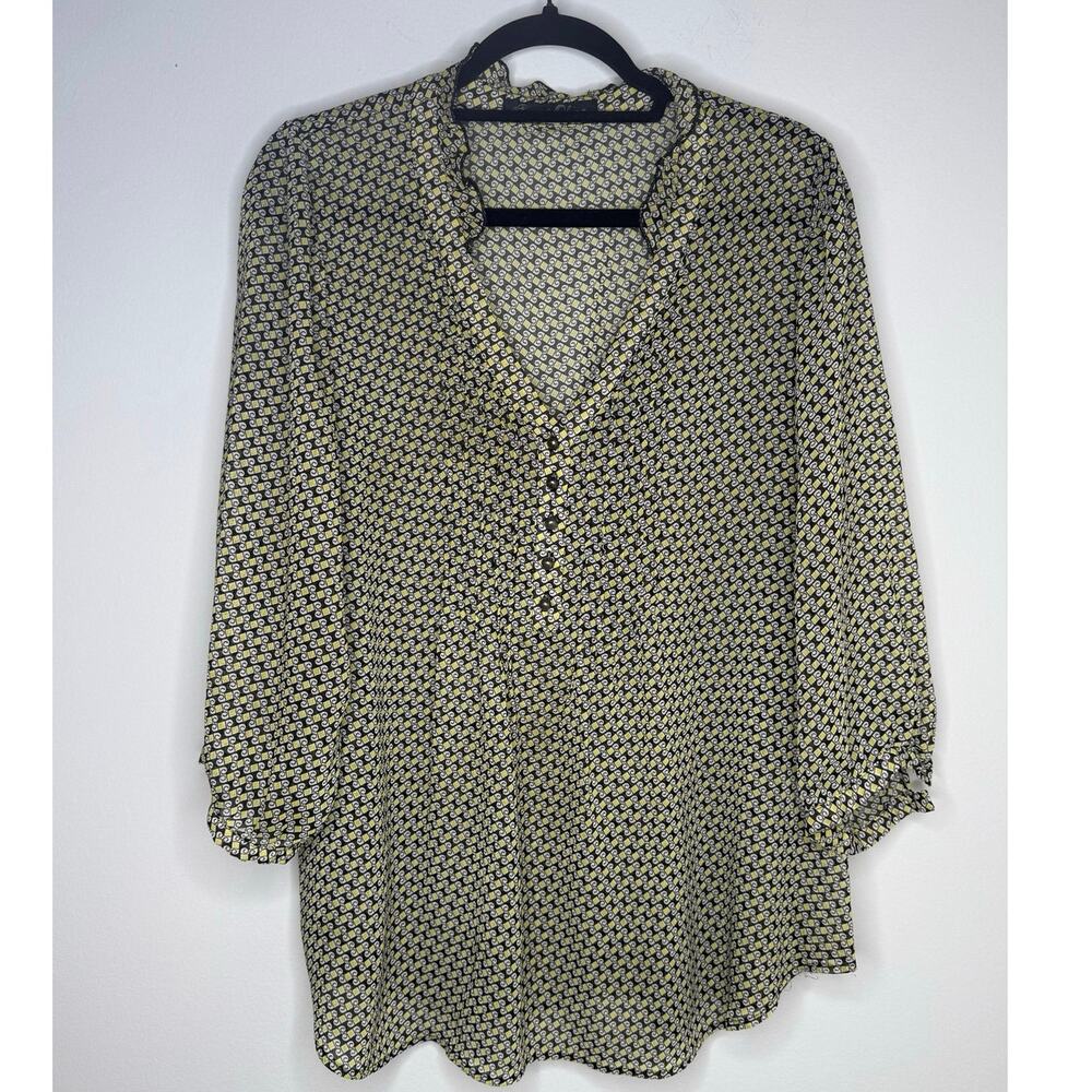 Rose and Olivia Black White Yellow Geometric Print V neck 3/4 Sleeve Blouse 2X